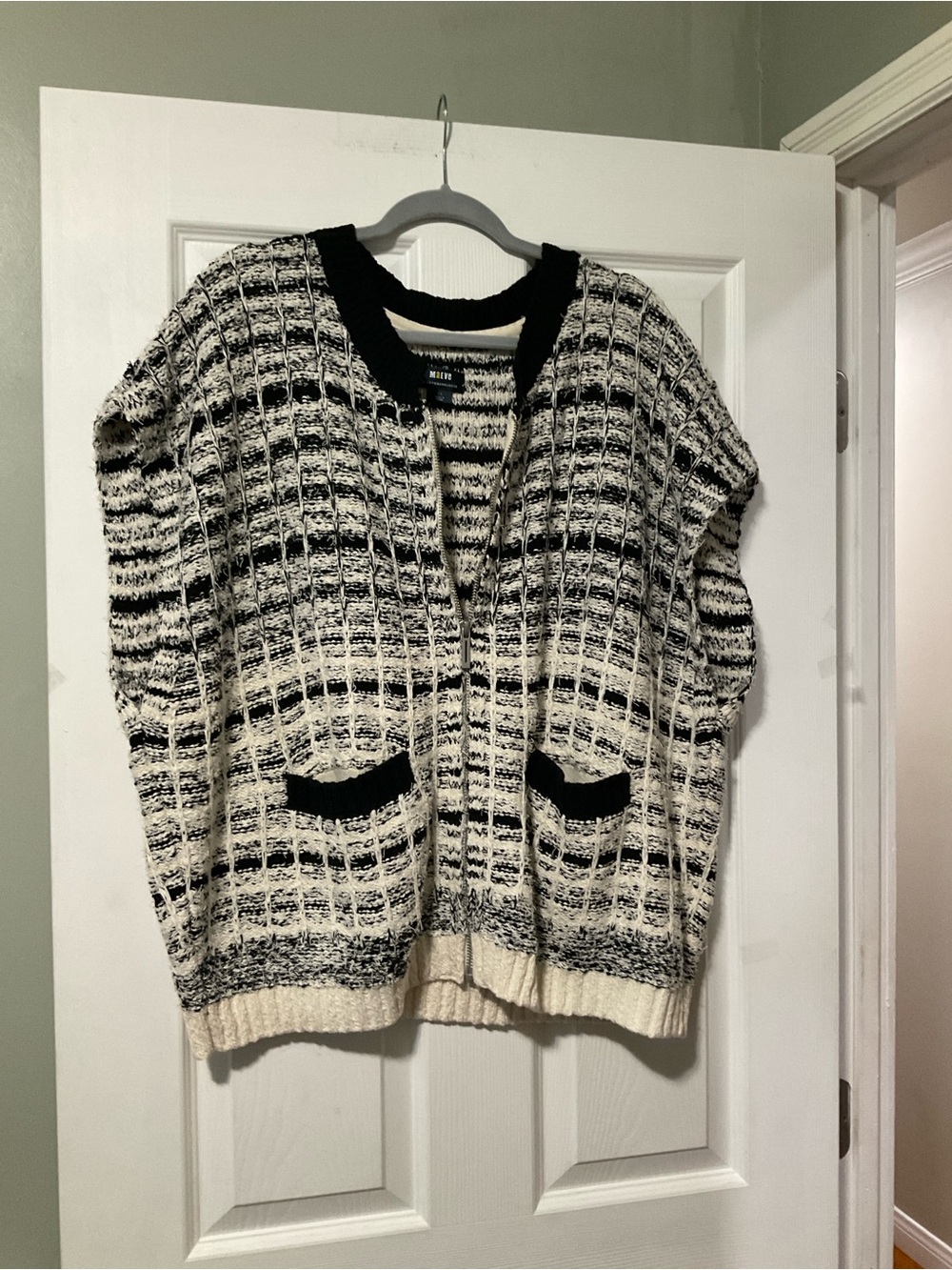Anthropologie Black and Cream Knit Open Cardigan Vest